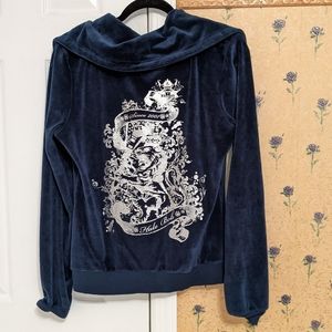 Hale Bob zippered blue velour sweatshirt with crystal embellishment size L